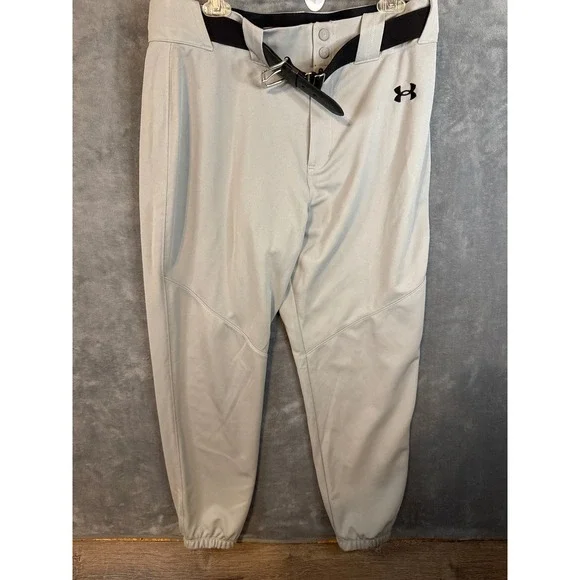 Under Armour Mens Gray Baseball Pants XL with Adidas Belt Tapered Elastic Cuff