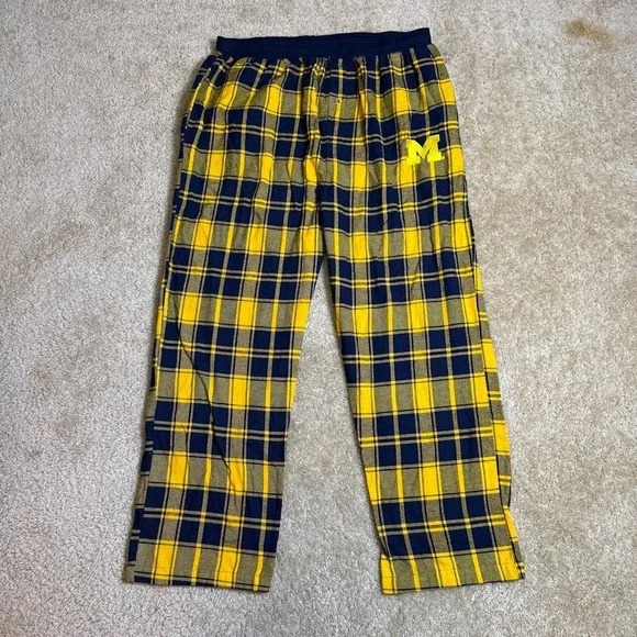 Michigan Wolverines Pajama‎ Pants Mens 2XL Navy Yellow Plaid Flannel Sleep