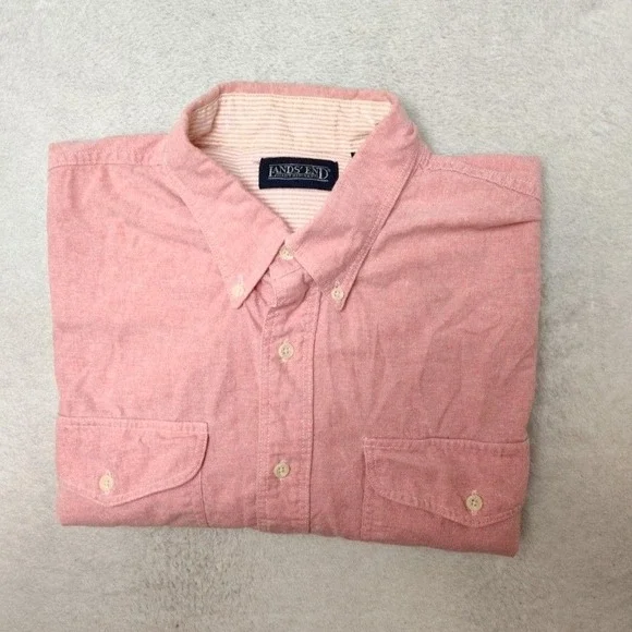 Lands' End Shirt Mens L Pink Oxford OCBD Button-Up Cotton Pockets Made In USA