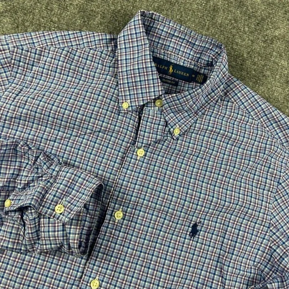 Ralph Lauren Button Down‎ Shirt Mens M Blue Purple Plaid Classic Fit Long Sleeve