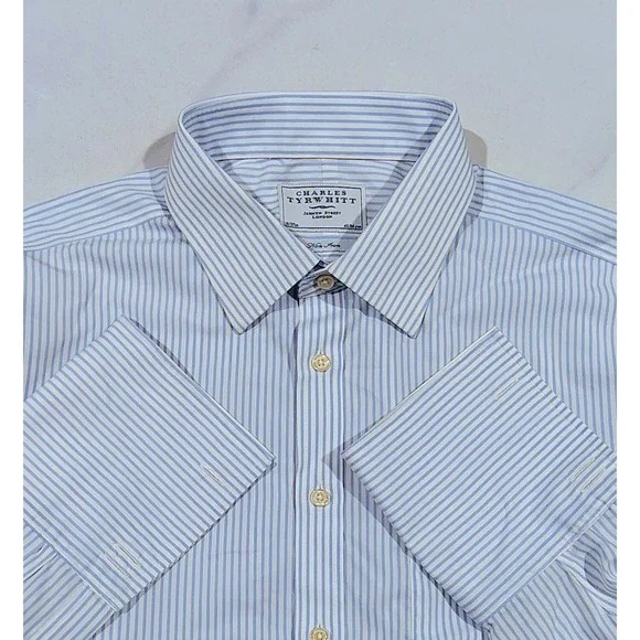 Charles Tyrwhitt Men's Dress Shirt Non-Iron Size 18 / 37 Blue Striped Cotton