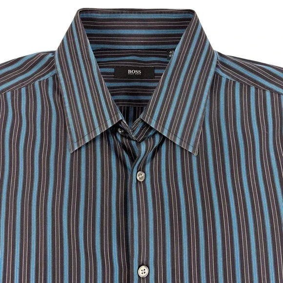 BOSS Hugo Boss Shirt Mens 16 40 Black Blue Stripe Regular‎ Fit Dress Cotton