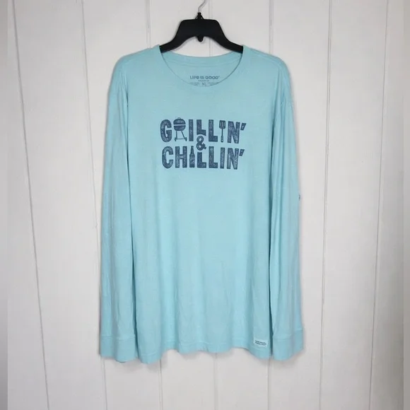 Life Is Good Grillin’ & Chillin’ Blue Long Sleeve Graphic crusher Tee XL Casual