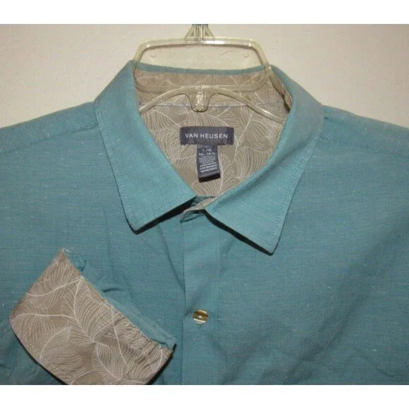 Van Heusen Shirt Mens L Green Heathered Long Sleeve Button Up 16 16.5 Contrast