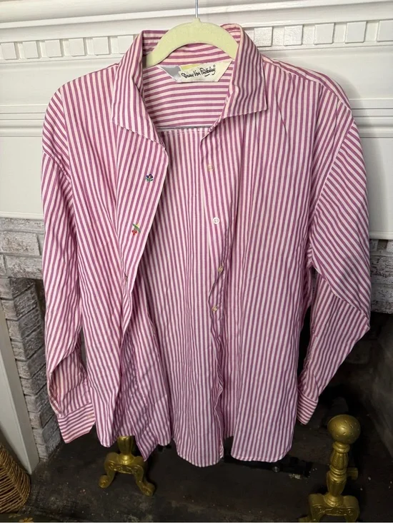 Diane von Furstenberg Pink Stripe Button Down Shirt Embroidered Floral Detail