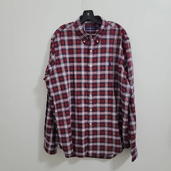 POLO RALPH LAUREN Men Shirt Sz XL Regular Fit Red Button-Down Collar Cotton EUC
