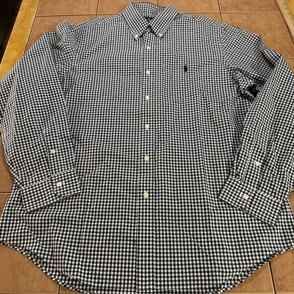 Ralph Lauren Sz XL Black White Gingham Plaid‎ Long Sleeve Button Down Shirt Pony