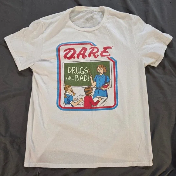 DARE Drugs Are Bad Retro Graphic T-Shirt White Mens Large Retro Cartoon Teacher