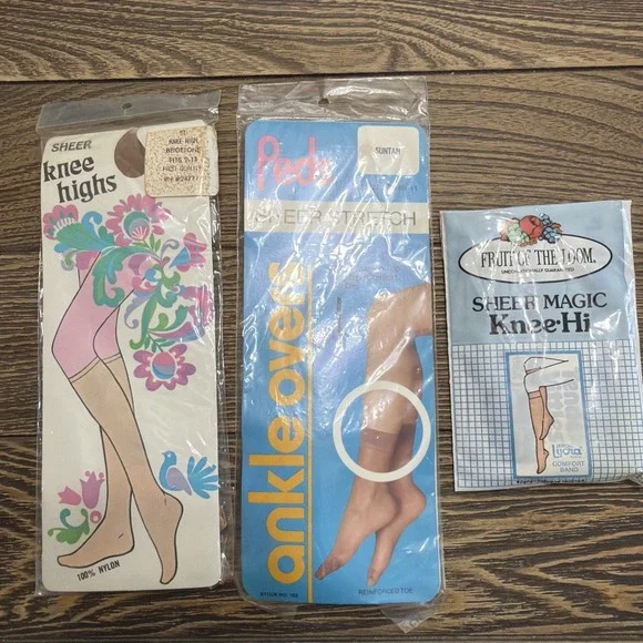 Vintage Pantyhose Stocking Knee Highs + Ankle  Lot of 3 Packs Nylon Dead Stock
