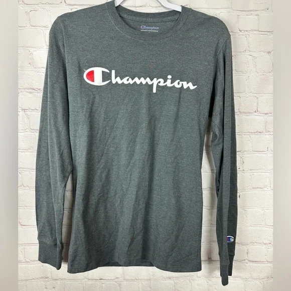 Champion Long Sleeve T-shirt gray script spell out sz S‎ casual comfort cotton