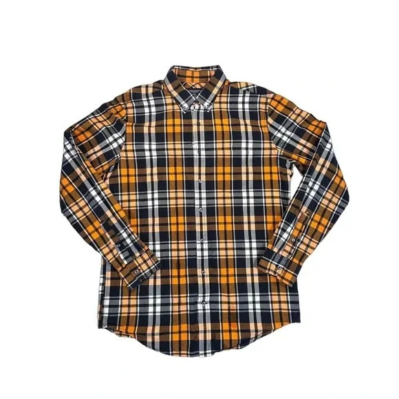 American Eagle Men's Size Large Prep Fit Orange‎ Black Plaid Long Sleeve Button