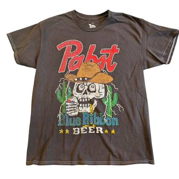Pabst Blue Ribbon T-Shirt Mens Large Gray Cowboy Skull Western Beer Graphic Tee