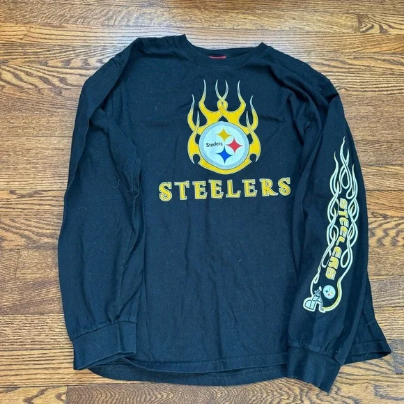 Pittsburgh Steelers Long Sleeve Shirt Mens Large Black NFL Flame Graphic Tee