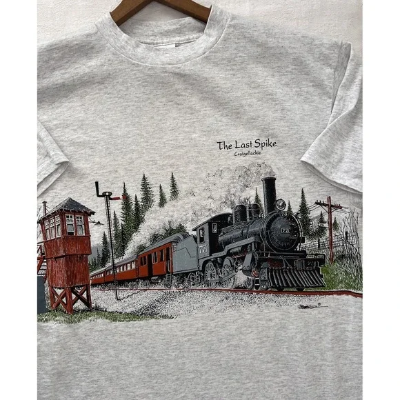 Vintage British Columbia The Last Spike T-shirt Craigellachie CPR Railway Road X