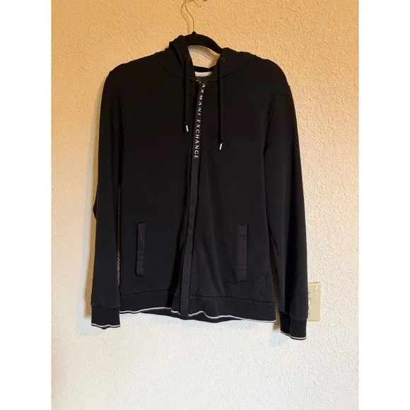 Armani Exchange Mens Black Full Zip Logo Tape Hoodie Sweatshirt Medium Fall 2014