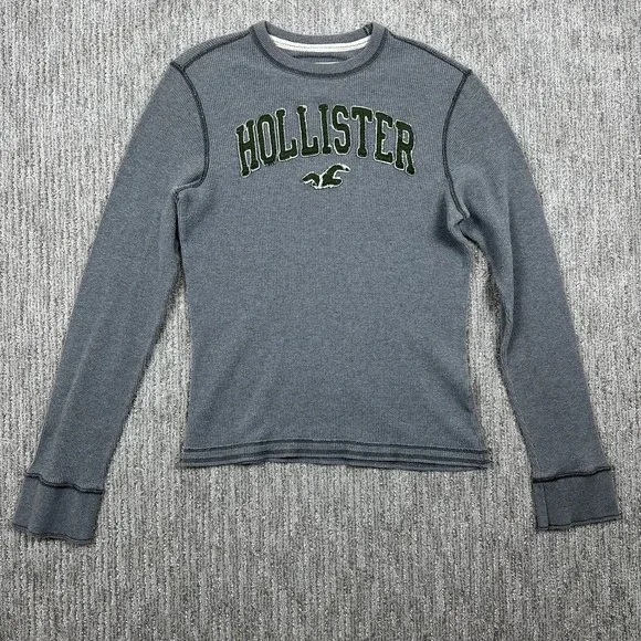 Hollister Mens Long Sleeve Thermal Waffle Knit Shirt Logo Gray Green Size‎ Large