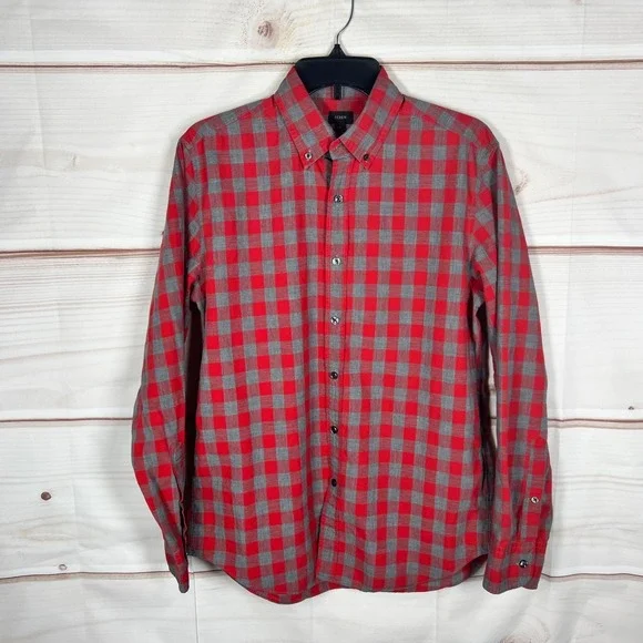 J Crew‎ Shirt Mens Medium Red Gray Check Button Up Cotton Long Sleeve Collared