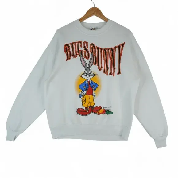Vintage 90s Looney Tunes Bugs Bunny Sweatshirt Adult L White Made‎ USA Rare HTF