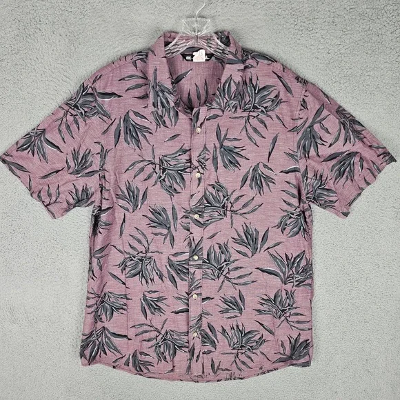 Travis Mathew Button Up Men XL Mauve Floral Leaf Print Short Sleeve Shirt