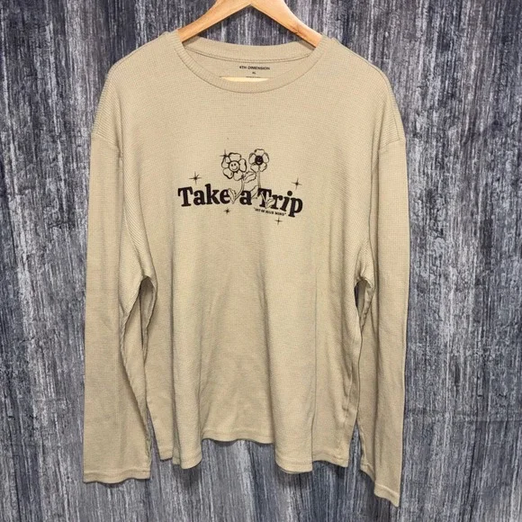 4TH Dimension Waffle‎ Knit Take A Trip Long Sleeve Thermal Men Size XL