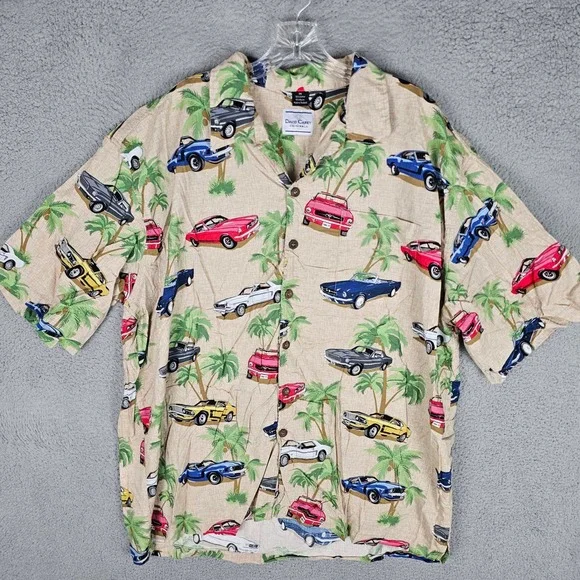 David Carey Shirt Men 3X Tan Ford Mustang Palm Tree Camp Button Up Aloha Classic