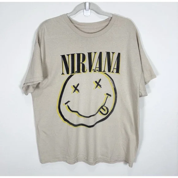 Nirvana T Shirt Men's XL Beige Smiley Graphic Washed