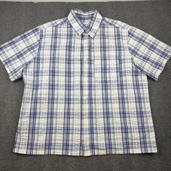 Saddlebred Button Down Shirt‎ Mens L Blue Plaid Seersucker Texture Short Sleeve