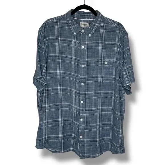 Weatherproof Vintage Linen Blend Blue Plaid Short Sleeve Button Front Men XL
