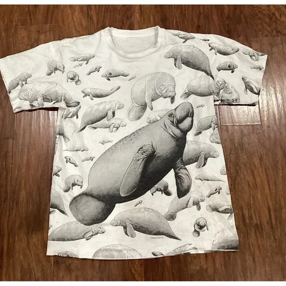 Vintage Manatee All Over Print Tshirt 1993 Size Skate Indie Single Stitch AOP