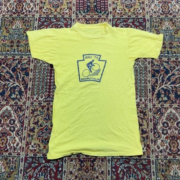 VTG Rare 1975 WAG Washington PA Bicycle T-Shirt Yellow Single 70s‎ S USA Cycling