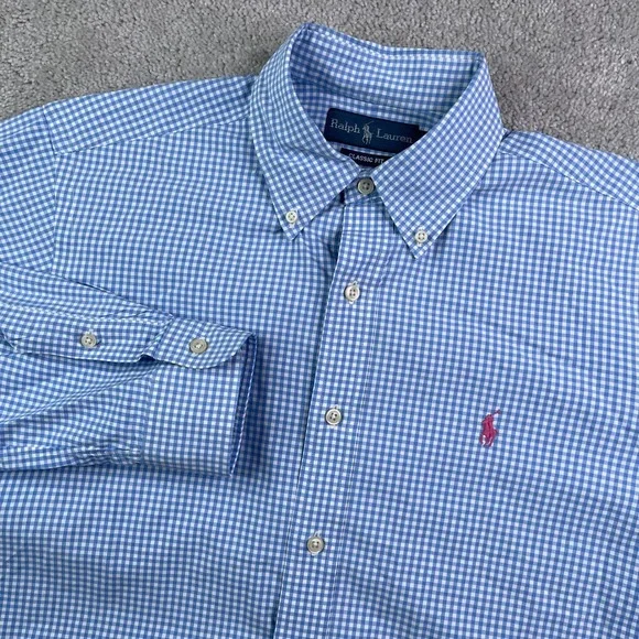 Ralph Lauren Shirt Mens Medium Blue Gingham Classic Fit Button Down Pony Logo