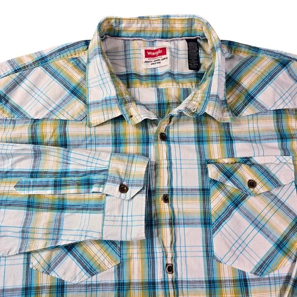 Wrangler Men's Size 2XL Blue Yellow Plaid Western Long Sleeve Button Down Shirt