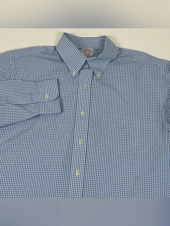 Brooks Brothers Shirt Mens 16.5/36 Madison Blue Gingham Non Iron Button Down