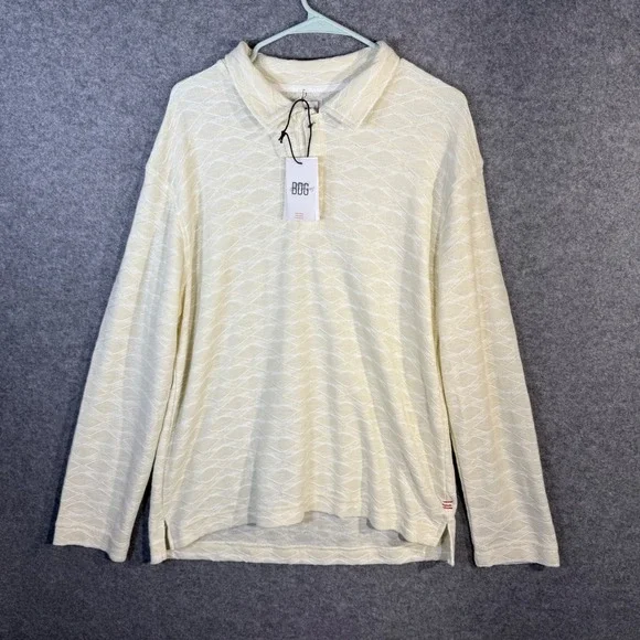BDG Urban Outfitters Cream Wavy Diamond Knit Polo Long Sleeve Shirt Mens L‎