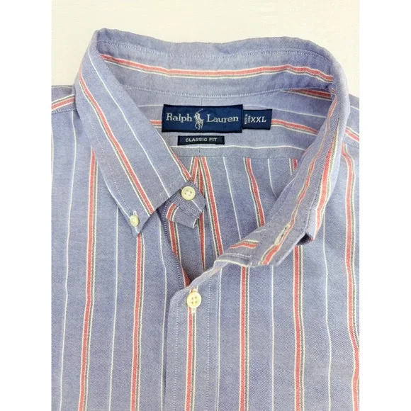 Ralph Lauren Mens XXL Classic Fit Striped Oxford Button Down Shirt Blue Red