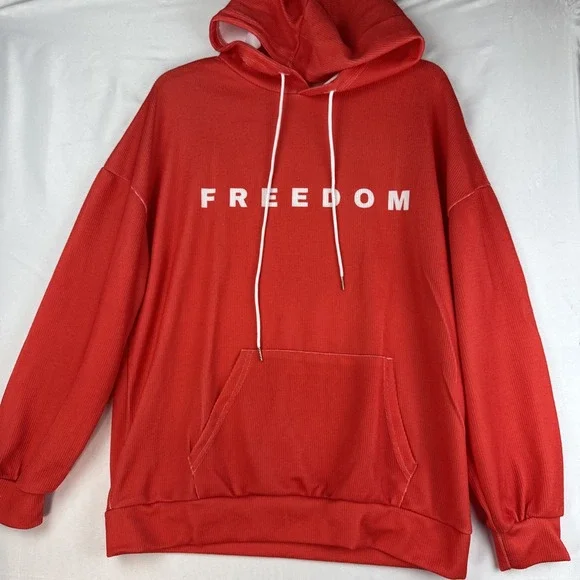 Freedom Hoodie Large Red Ribbed‎ Pullover Unisex