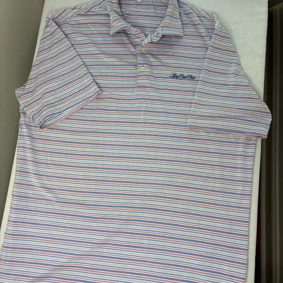 Peter Millar Summer Comfort Blue and Pink Stripe Short Sleeve Polo size Large