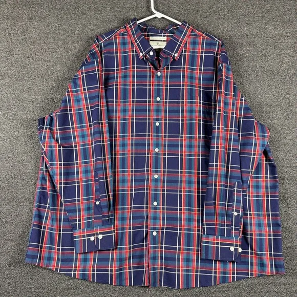 Oak Hill Mens 3XL Plaid Button Down Shirt Navy Red Wrinkle Free Cotton Long Slv