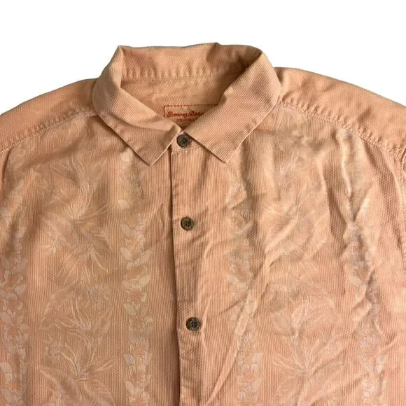 Tommy Bahama Mens Peach Floral Silk Short Sleeve Button Up Shirt‎ Large