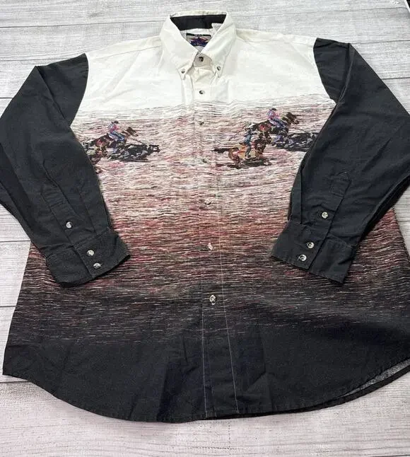 IPRA Vintage Western Shirt Button Down Calf Roping Wrap Around Print Size XL