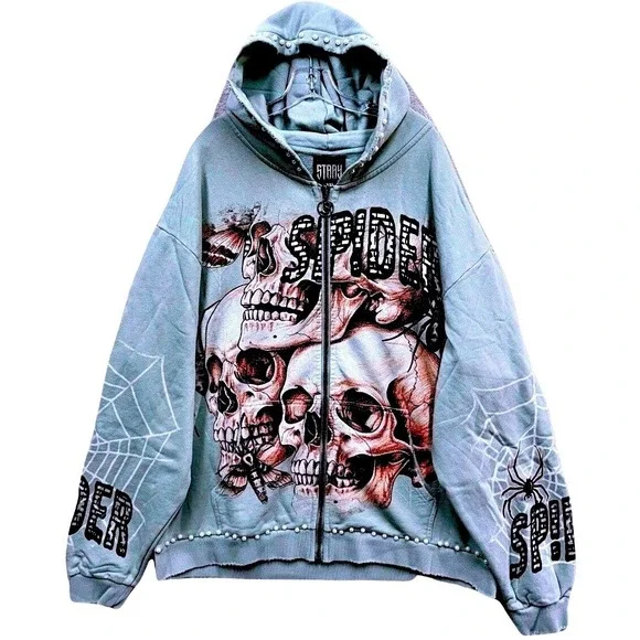 Stray Web Crawler‎ Skull Full Zip Hoodie Mens 2XL Green Spider Y2K Pearls NWT