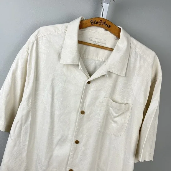Tommy Bahama Silk Shirt Mens 3XL Ivory Jacquard Leaf Feather Short Sleeve