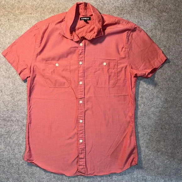 Express Short Sleeve‎ Button Down Small Coral Pink 100% Cotton Dual Pocket