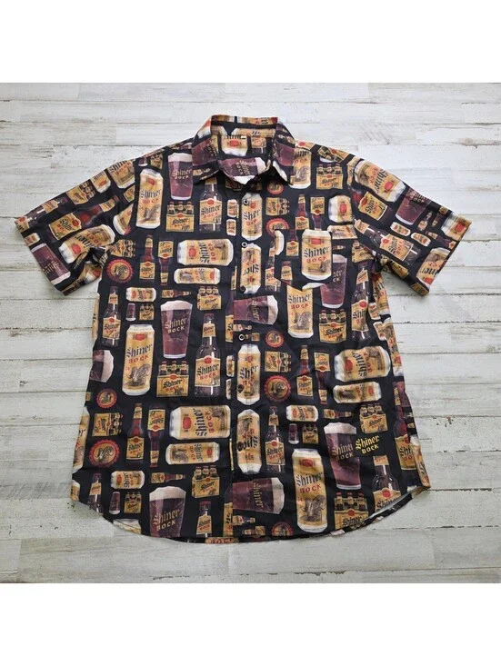 Shiner Bock Beer Button-Up Shirt Men's LG All Over Print Texas Drinking Party