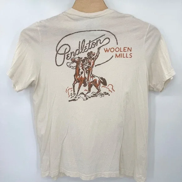 Pendleton T-Shirt Mens XXL Cream Woolen Mills Cowboy Graphic Western Cotton Tee