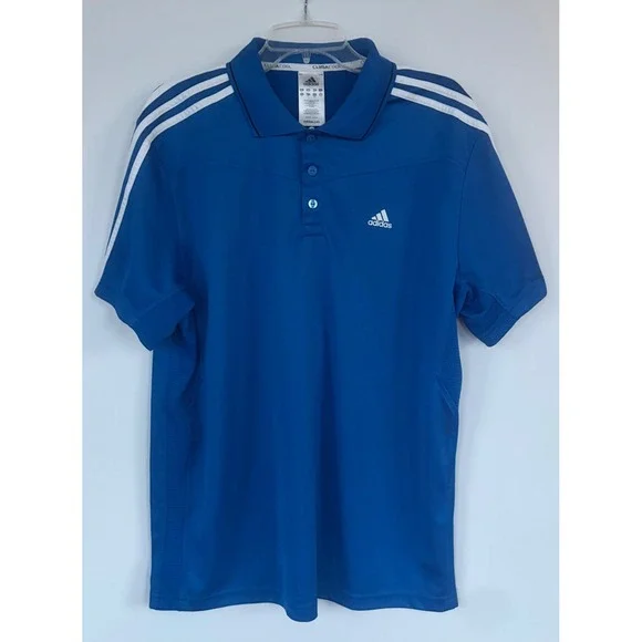 Adidas ClimaCool Mens Large Blue Golf Polo Shirt 3-Stripe Athletic Short Sleeve