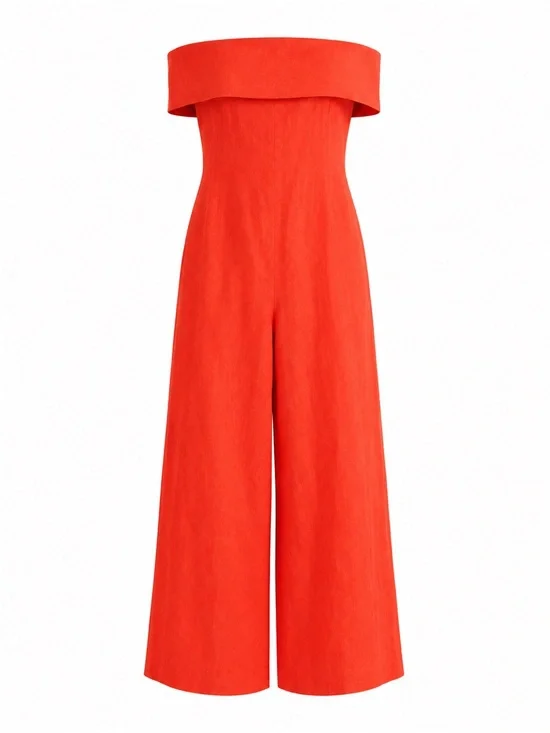 Banana Republic Linen Strapless Wide-Leg Jumpsuit - Bright Orange-Red
