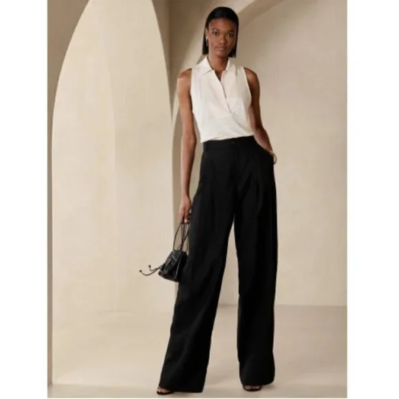 Banana Republic LENA Linen WIDE LEG Black PLEATED Pants Size 10 #629205 RT$140
