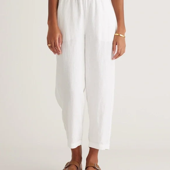 Quince White Cropped Linen-Blend Relaxed Pants