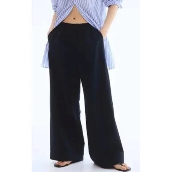 H&M Womens Black High Rise Relaxed Fit Linen Blend Wide Leg Trouser Pants Sz 10
